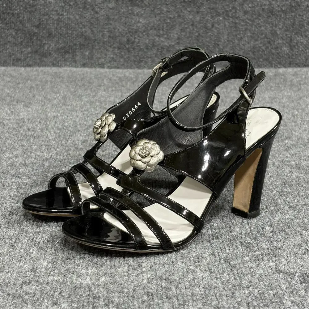 Chanel Sandals Womens 6 36 Black Patent Camellia Flower Logo Italy Heel Strappy